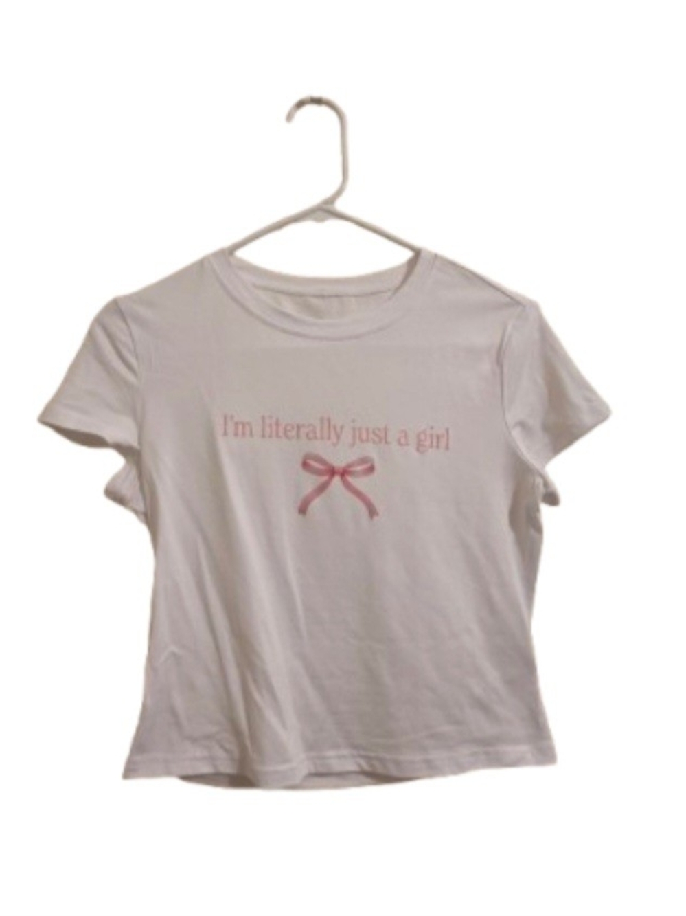 White Tee with Pink Text & Bow Graphic